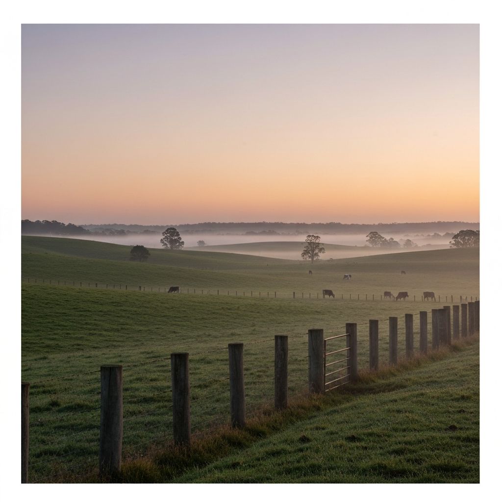 Australian countryside at dawn with green rolling pastures