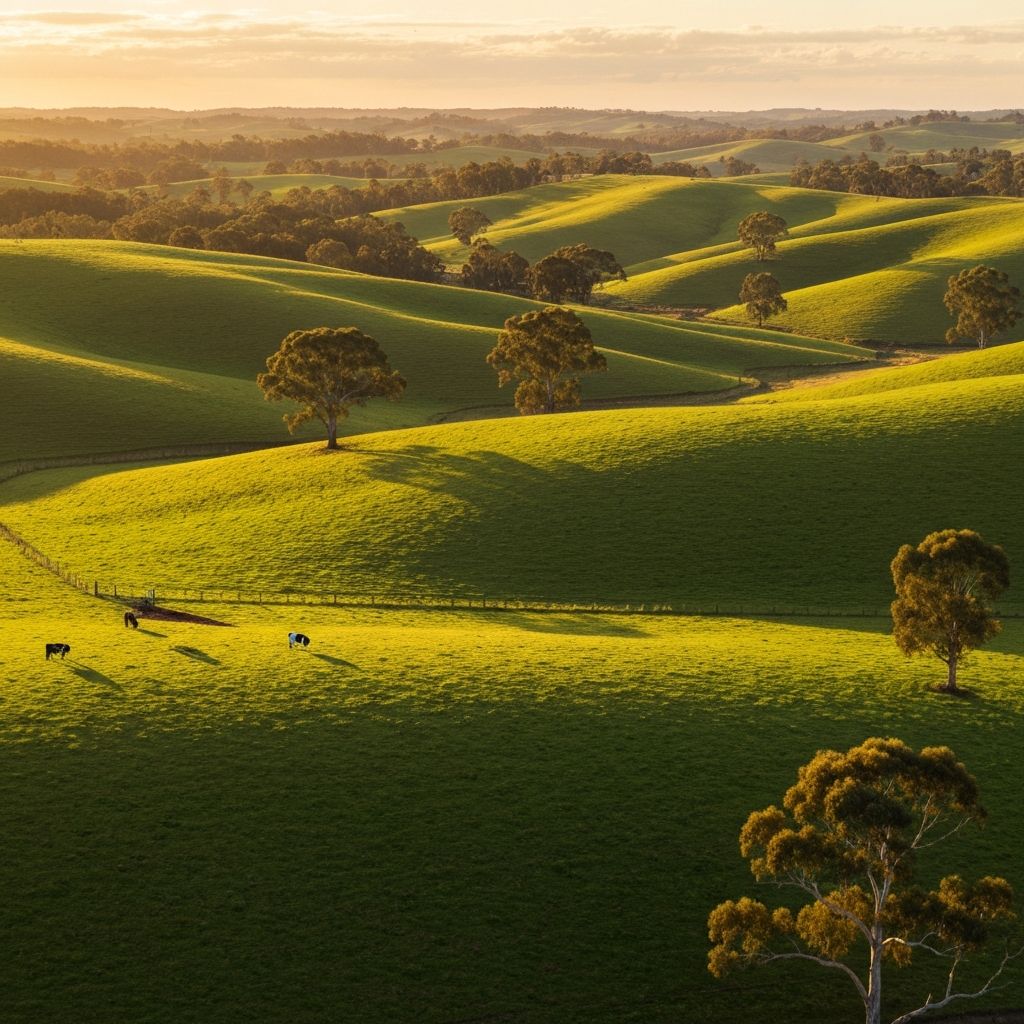 Australian cattle pasture at golden hour