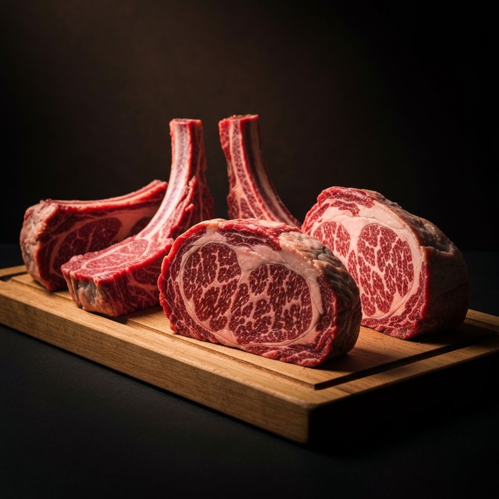 Premium dry-aged Australian beef cuts on a rustic butcher board